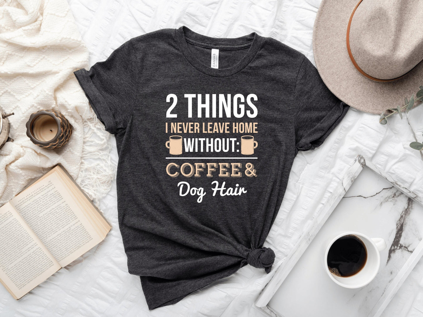 Funny Coffee & Dog Hair Graphic T Shirt, Fun Dog Mom Tee, Coffee Lover Shirt, Typography Dog Dad Tee, Mom Gift Idea, Casual Tee with Saying - Mardonyx T-Shirt Dark Grey Heather / S
