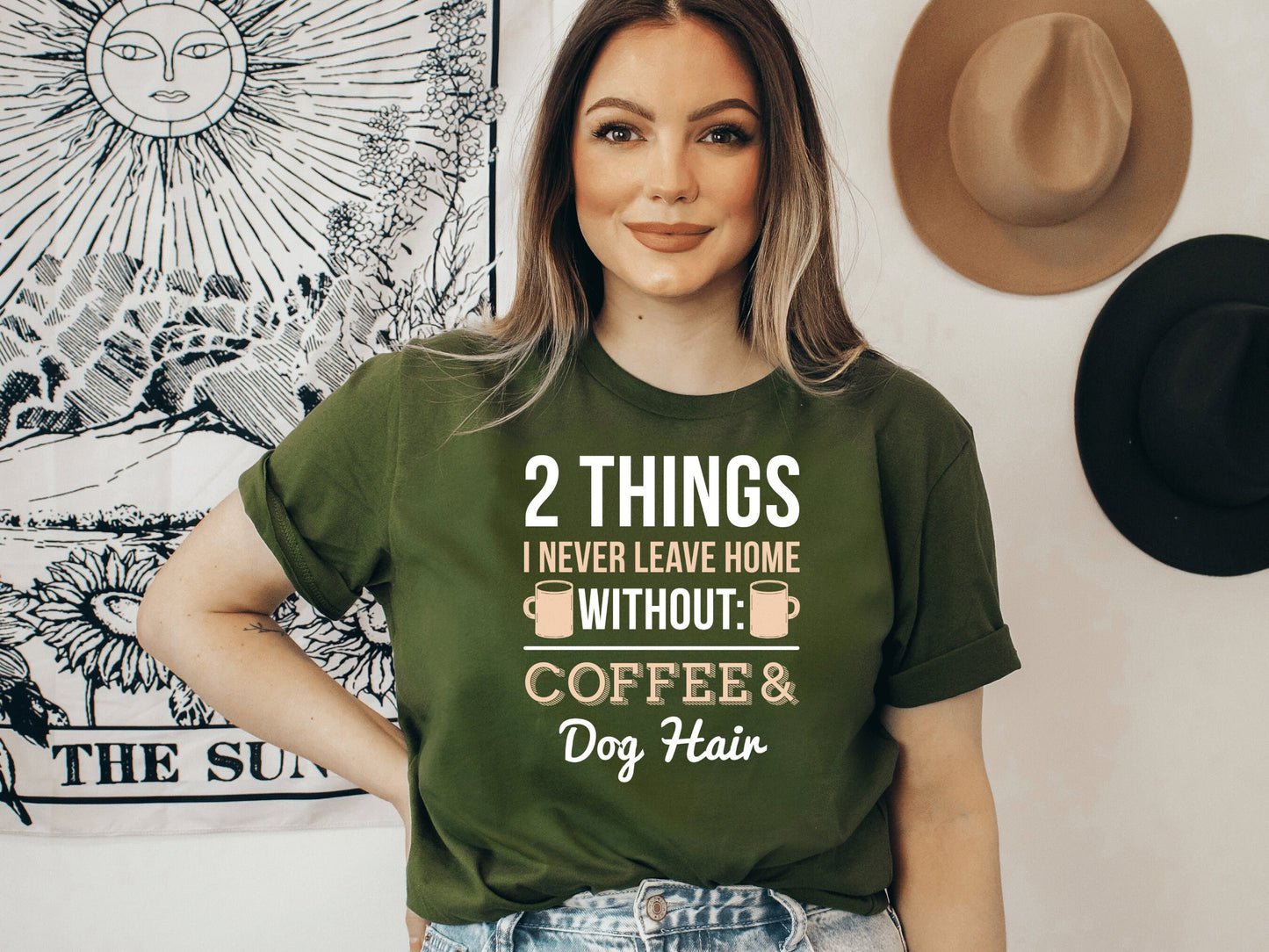 Funny Coffee & Dog Hair Graphic T Shirt, Fun Dog Mom Tee, Coffee Lover Shirt, Typography Dog Dad Tee, Mom Gift Idea, Casual Tee with Saying - Mardonyx T-Shirt Olive / S