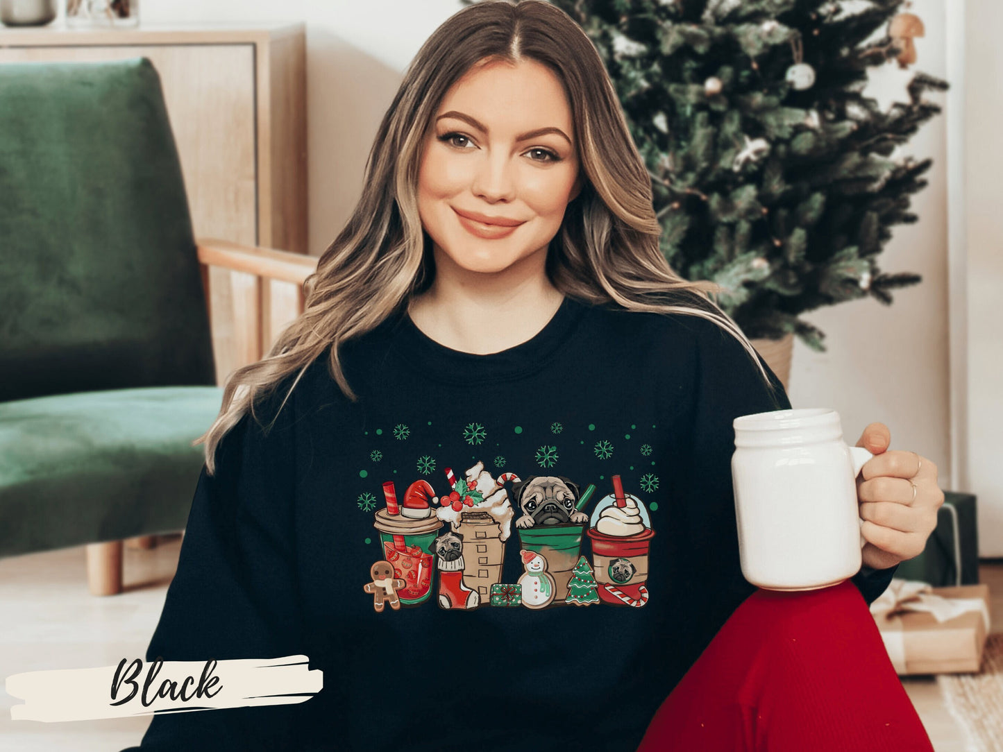 Pug Christmas Sweatshirt, Pug Coffee Lover Holiday Sweatshirt, Coffee Pug Lover Gift, Gift for Dog Mom, Pug Lover Gift