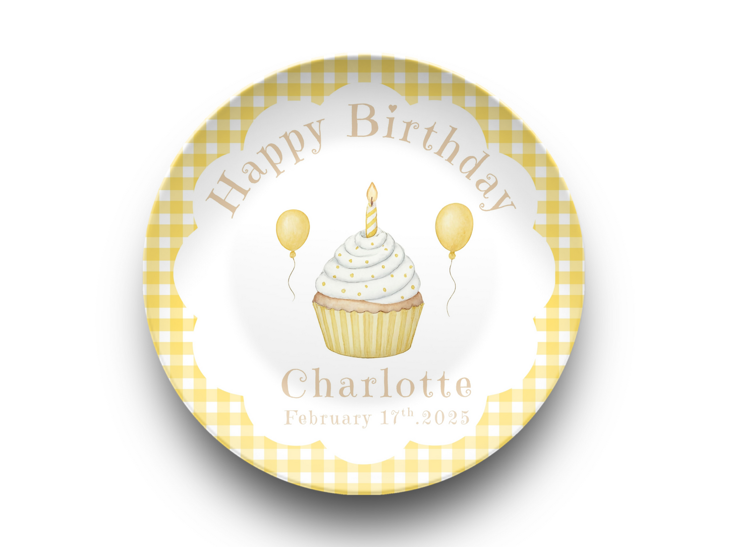Personalized Baby First Birthday Plate - Yellow Gingham Birthday Party Decoration