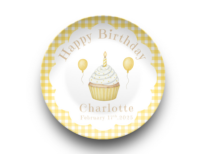 Personalized Baby First Birthday Plate - Yellow Gingham Birthday Party Decoration