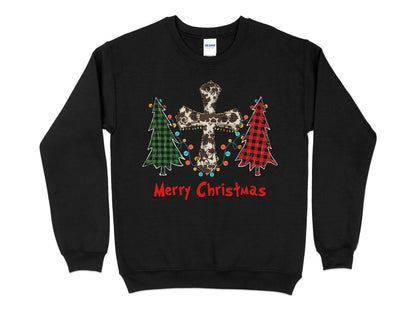 Merry Christmas Cow Print Cross Buffalo Plaid Tree Sweatshirt, Christmas Sweater, Cute Christmas Shirt, Holiday Shirt, Xmas Gifts - Mardonyx Sweatshirt S / Black
