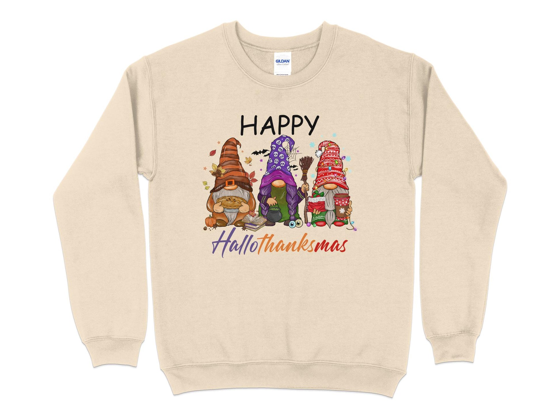 Happy Hallothanksmas, Gnome Halloween Sweatshirt, Halloween Crew Neck - Mardonyx Sweatshirt S / Sand