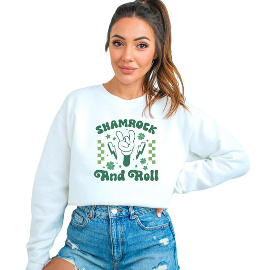 Unisex Shamrock and Roll Sweatshirt, St. Patrick's Day Casual Pullover, Green Graphic Crewneck, Lucky Clover Sweater, Irish Music Top - Mardonyx Sweatshirt S / White
