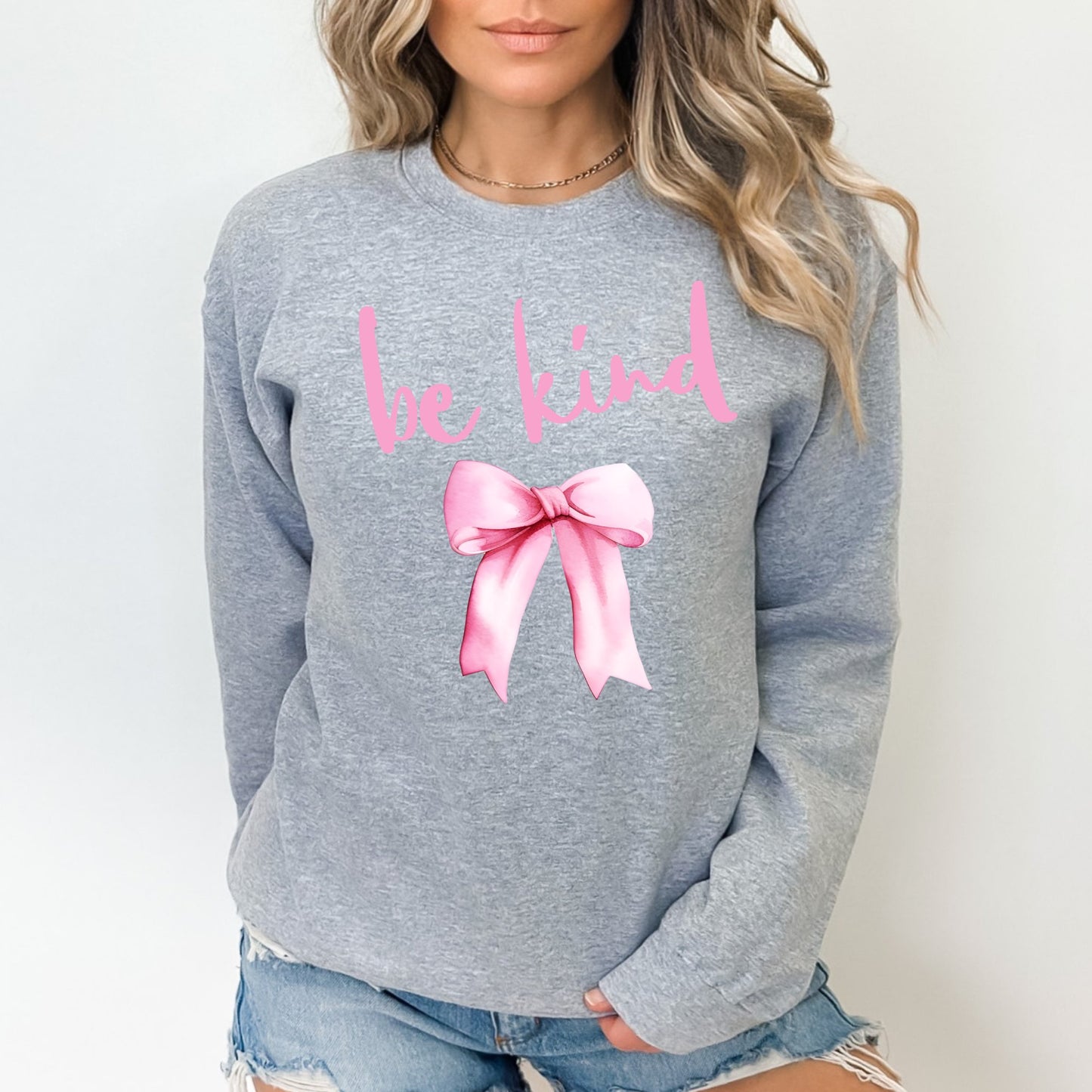 Be Kind Pink Bow Graphic Coquette Sweatshirt - Mardonyx Sweatshirt S / Sport Grey