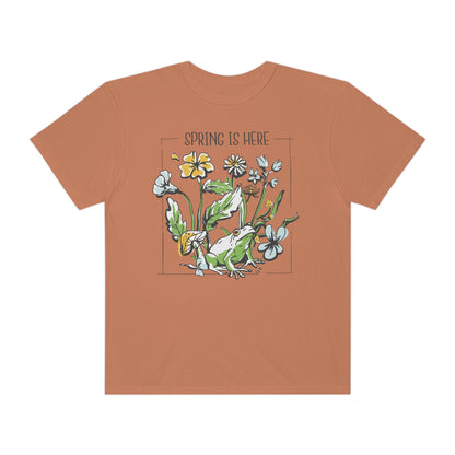 Spring Awakening: Frog Under Flowers Comfort Colors 1717 T-Shirt, Plant Lover Gift, Nature Lover Shirt, Flower Shirt