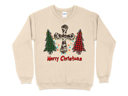 Merry Christmas Cow Print Cross Buffalo Plaid Tree Sweatshirt, Christmas Sweater, Cute Christmas Shirt, Holiday Shirt, Xmas Gifts - Mardonyx Sweatshirt S / Sand