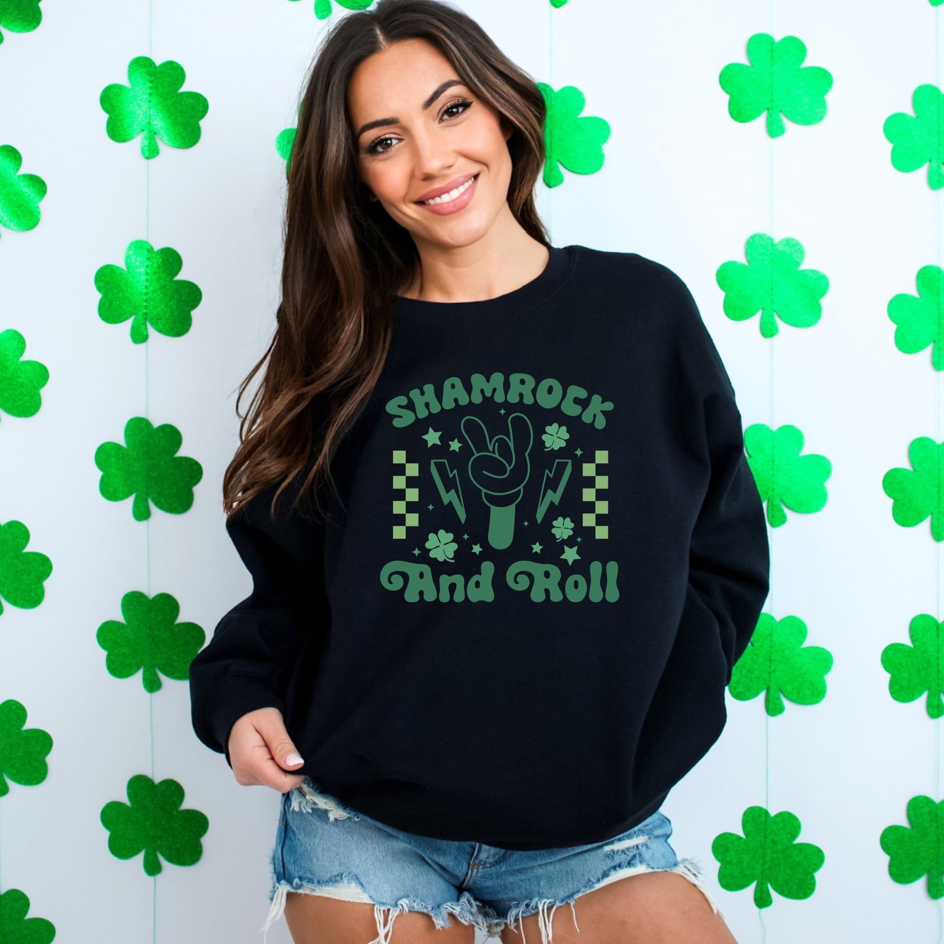 Unisex Shamrock and Roll Sweatshirt, St. Patrick's Day Casual Pullover, Green Graphic Crewneck, Lucky Clover Sweater, Irish Music Top - Mardonyx Sweatshirt