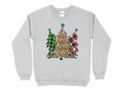 Christmas Tree Leopard Plaid Sweatshirt, Womens Cute Christmas Sweater, Christmas Holiday Party Pullover, Leopard Print Crewneck Knit - Mardonyx Sweatshirt S / Sport Grey