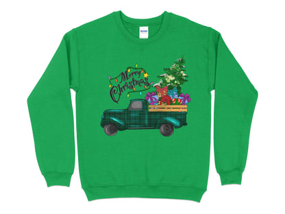 Merry Christmas Plaid Truck Shirt, Christmas Sweatshirt, Christmas Family Matching, Xmas Top, Holiday top for Women, Women's Xmas shirt - Mardonyx Sweatshirt S / Irish Green