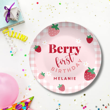 Berry First Birthday Smash Cake Plate - Personalized Plate - Coquette Gingham Party Decor