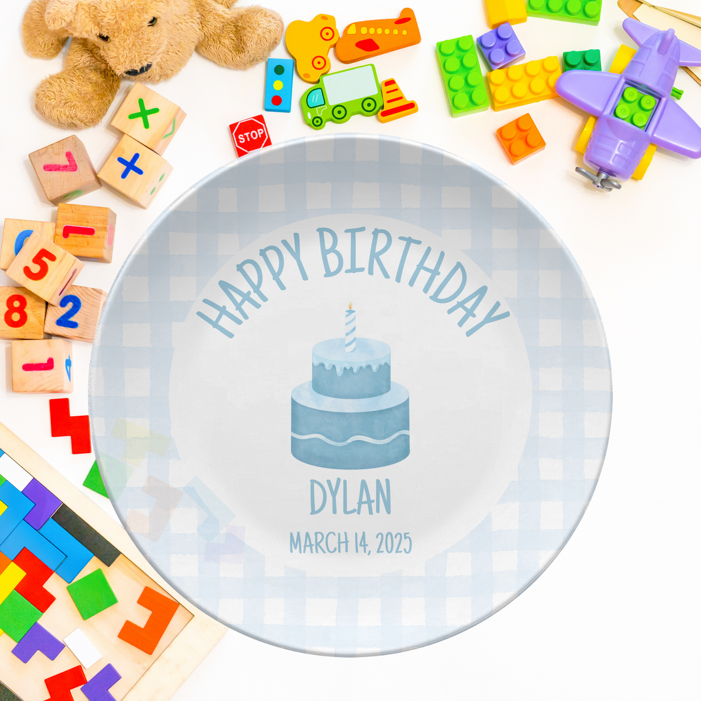 Blue Gingham Birthday Plate