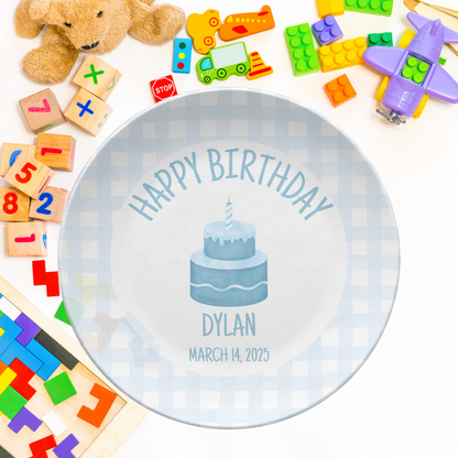 Blue Gingham Birthday Plate