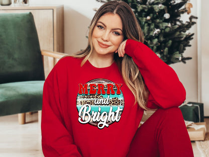 Merry and Bright Leopard Print Shirt, Merry and Bright Leopard Print Sweatshirts, Merry and Bright Leopard Shirt, Matching Family Christmas - Mardonyx Sweatshirt