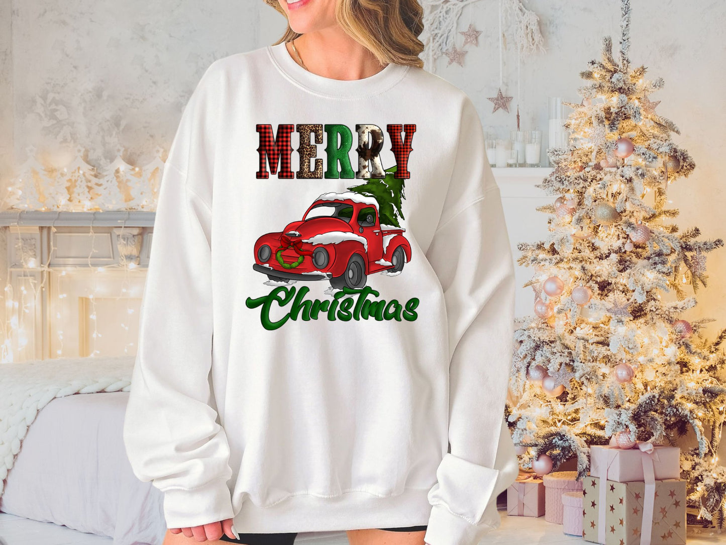 Merry Christmas Red Truck Cow Leopard Buffalo Print Sweatshirt, Christmas Sweater - Mardonyx Sweatshirt