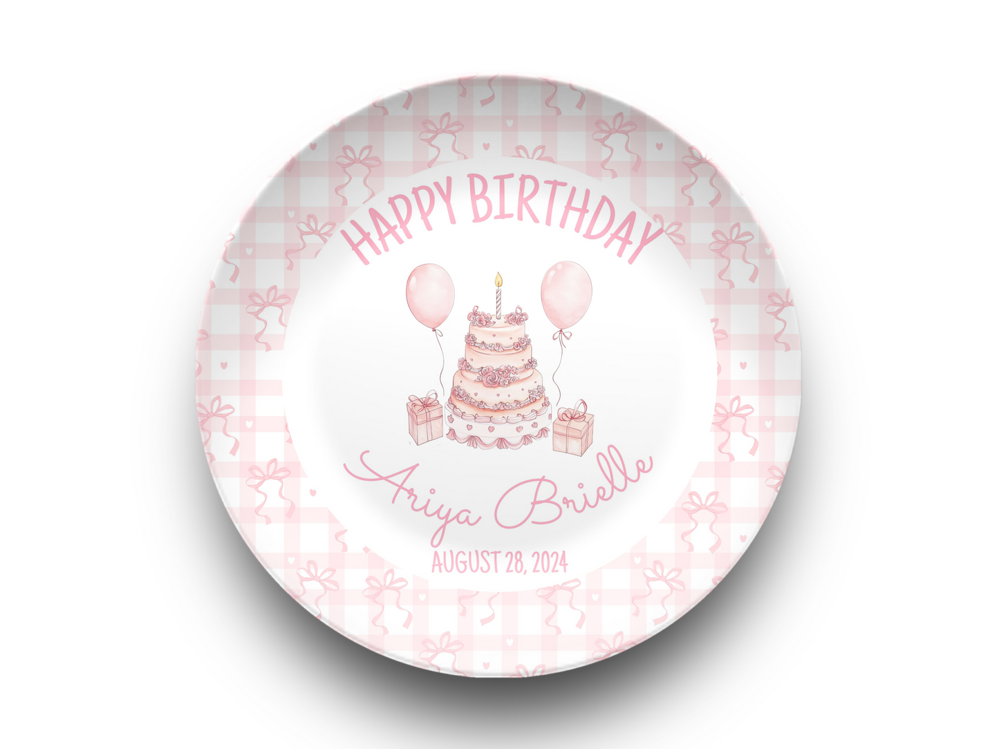 Personalized Pink Coquette Bow Ribbon First Birthday Plate - Pink & White Smash Cake 1st Birthday