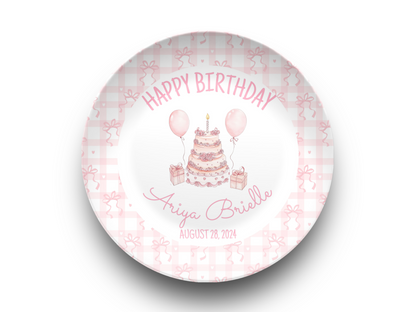 Personalized Pink Coquette Bow Ribbon First Birthday Plate - Pink & White Smash Cake 1st Birthday