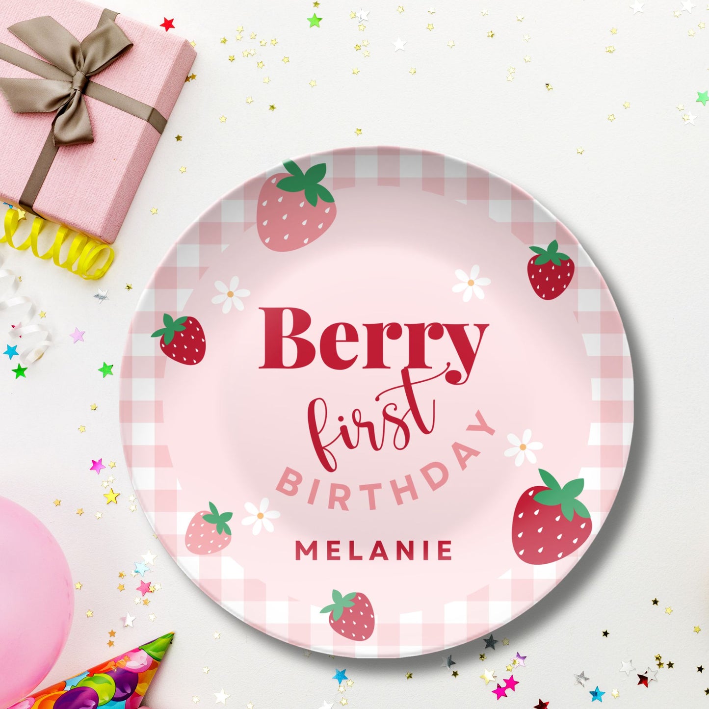 Berry First Birthday Smash Cake Plate - Personalized Plate - Coquette Gingham Party Decor