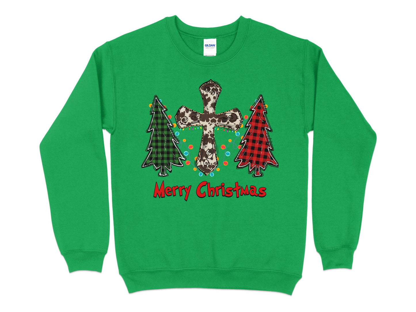 Merry Christmas Cow Print Cross Buffalo Plaid Tree Sweatshirt, Christmas Sweater, Cute Christmas Shirt, Holiday Shirt, Xmas Gifts - Mardonyx Sweatshirt S / Irish Green
