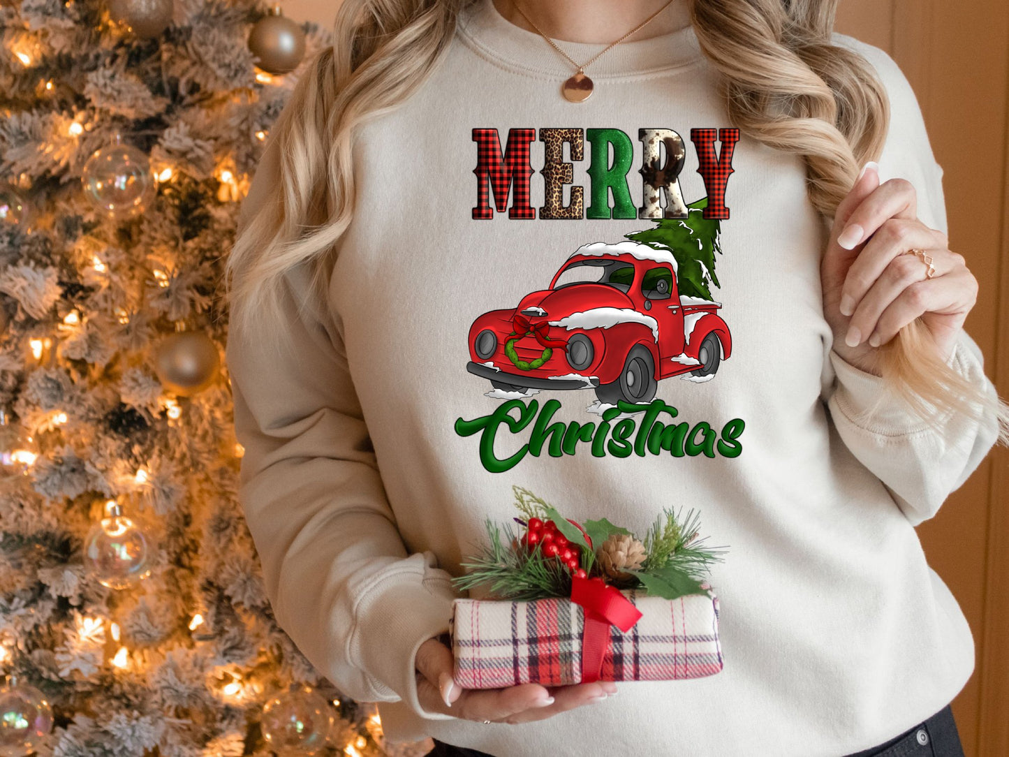 Merry Christmas Red Truck Cow Leopard Buffalo Print Sweatshirt, Christmas Sweater - Mardonyx Sweatshirt