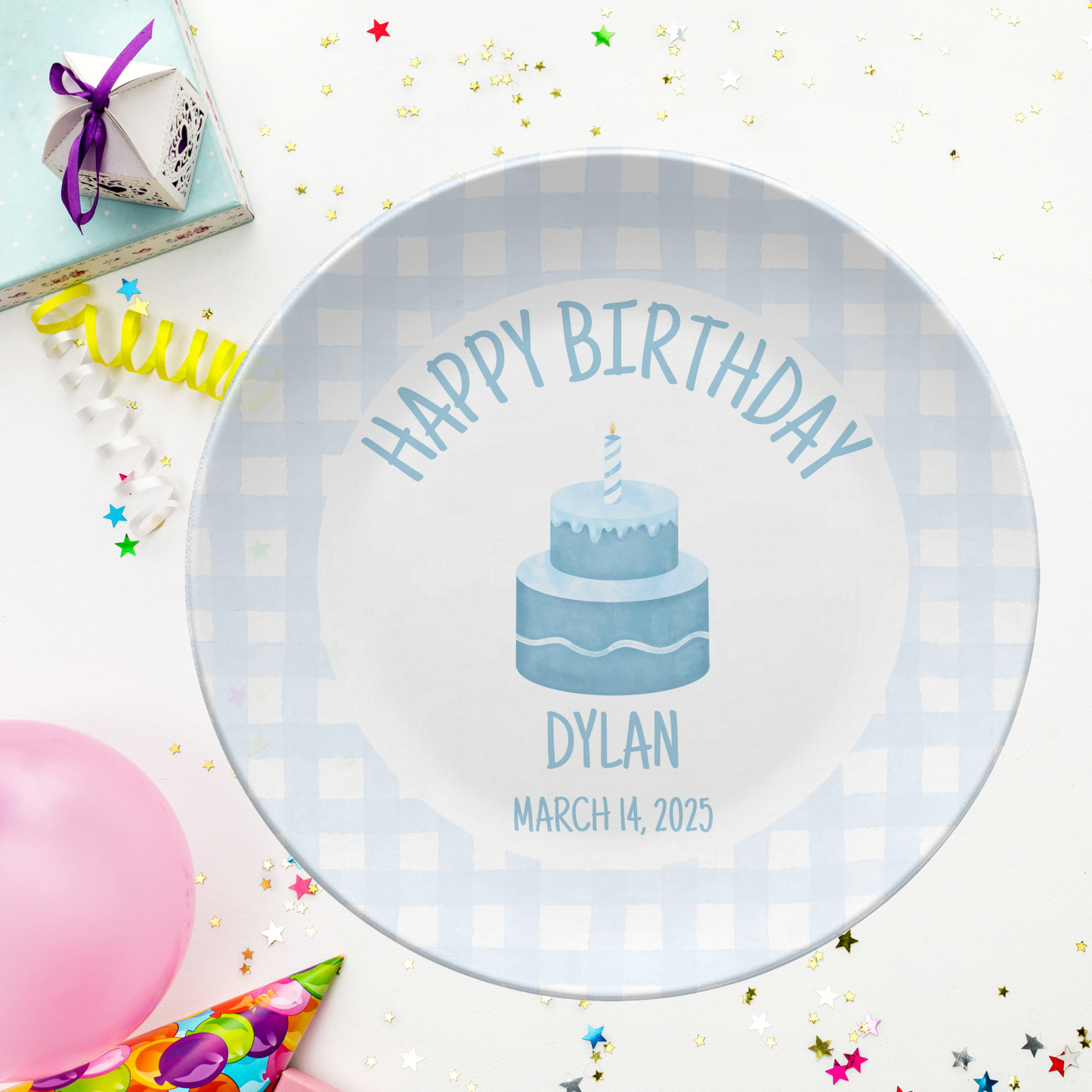 Blue Gingham Birthday Plate