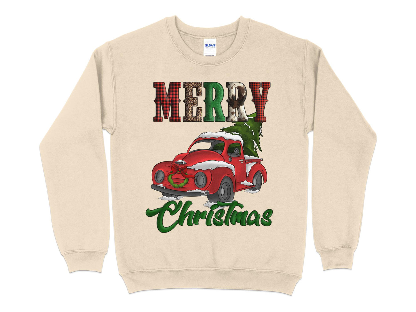 Merry Christmas Red Truck Cow Leopard Buffalo Print Sweatshirt, Christmas Sweater - Mardonyx Sweatshirt S / Sand