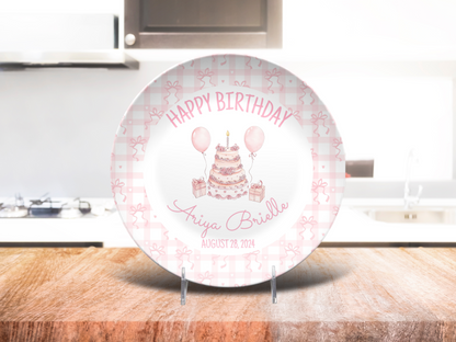 Personalized Pink Coquette Bow Ribbon First Birthday Plate - Pink & White Smash Cake 1st Birthday