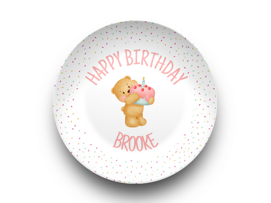 Personalized Unbreakable Smash Cake Plate for Birthday - Pink Bear Confetti -  Dishwasher & Microwave Safe - Custom 1st Birthday Smash Cake Plate