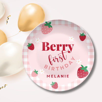 Berry First Birthday Smash Cake Plate - Personalized Plate - Coquette Gingham Party Decor