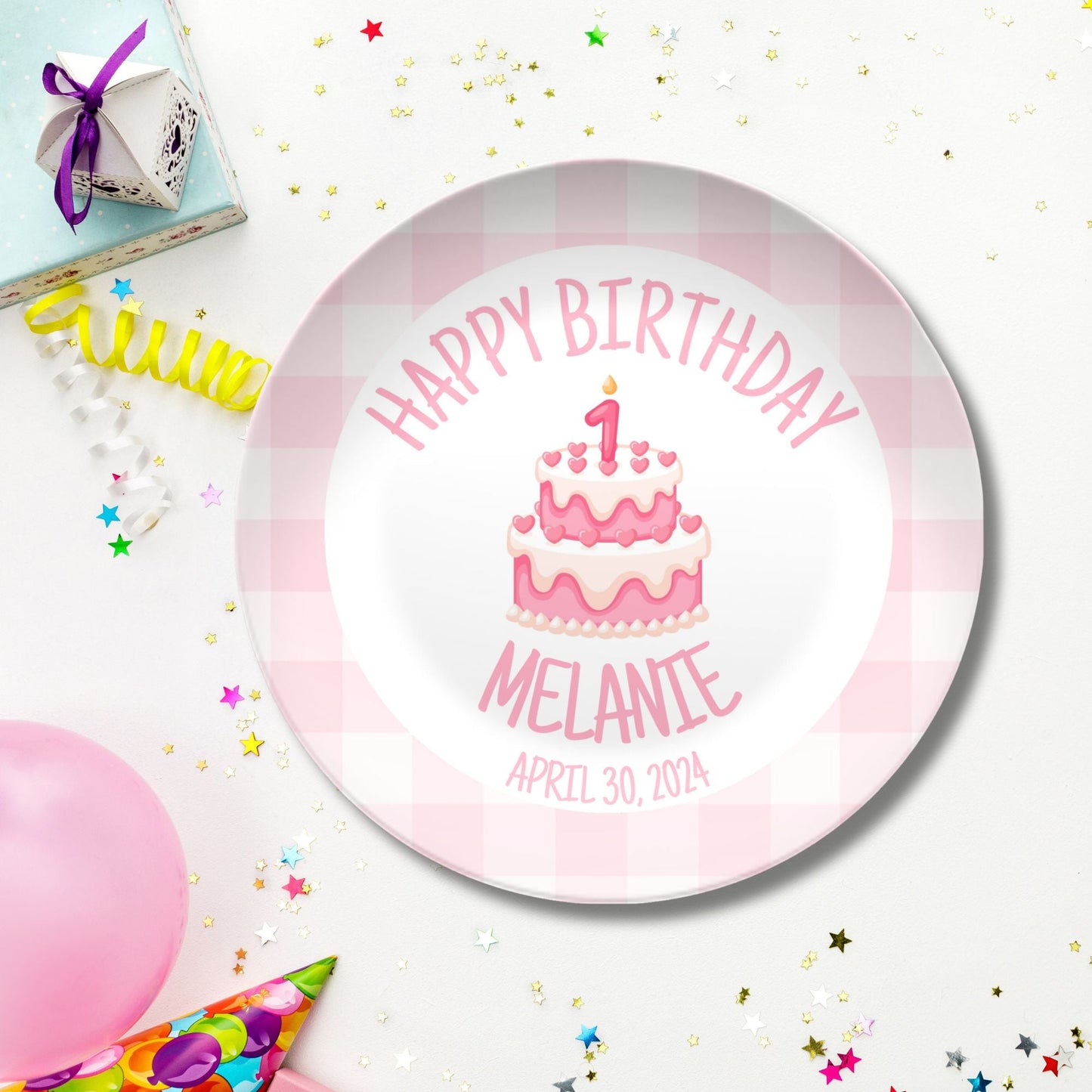 Preppy Girls Birthday Plate - Pink Gingham Bow Ribbon First Birthday - Pink & White Smash Cake 1st Birthday -  Coquette Style