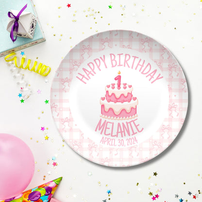 Preppy Girls Birthday Plate - Pink Coquette Bow Ribbon First Birthday - Pink & White Smash Cake 1st Birthday -  Coquette Style