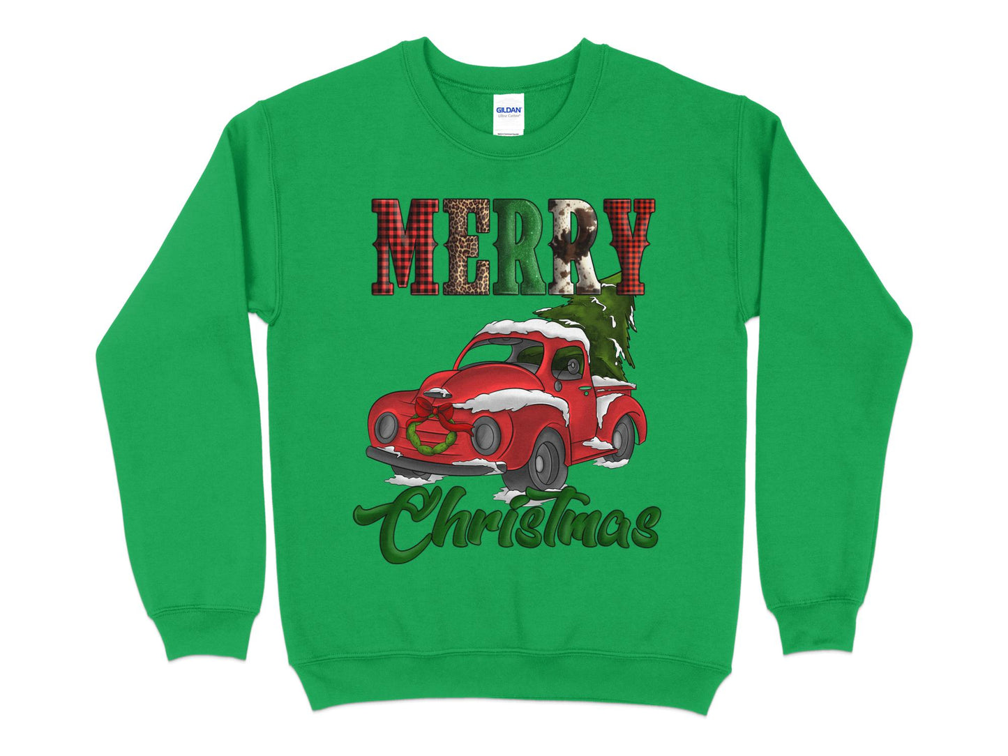 Merry Christmas Red Truck Cow Leopard Buffalo Print Sweatshirt, Christmas Sweater - Mardonyx Sweatshirt S / Irish Green