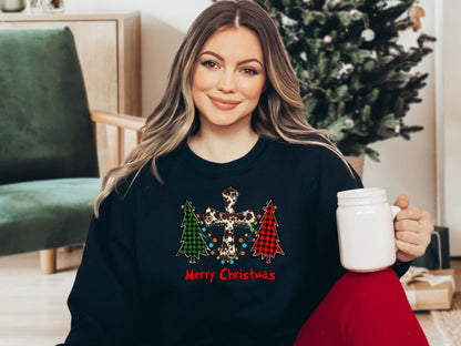 Merry Christmas Cow Print Cross Buffalo Plaid Tree Sweatshirt, Christmas Sweater, Cute Christmas Shirt, Holiday Shirt, Xmas Gifts - Mardonyx Sweatshirt