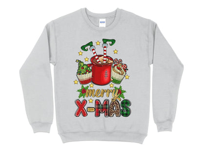 Merry Christmas Elf in Cup Sweatshirt, Funny Christmas Shirt for Women, Christmas Crewneck, funny Holiday Sweater, Plus Size Options - Mardonyx Sweatshirt S / Sport Grey