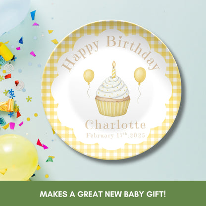 Personalized Baby First Birthday Plate - Yellow Gingham Birthday Party Decoration