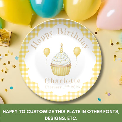 Personalized Baby First Birthday Plate - Yellow Gingham Birthday Party Decoration