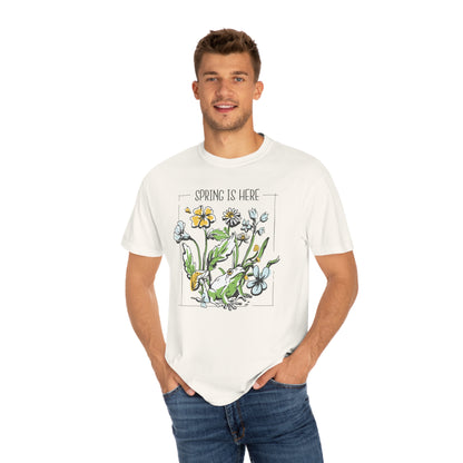 Spring Awakening: Frog Under Flowers Comfort Colors 1717 T-Shirt, Plant Lover Gift, Nature Lover Shirt, Flower Shirt