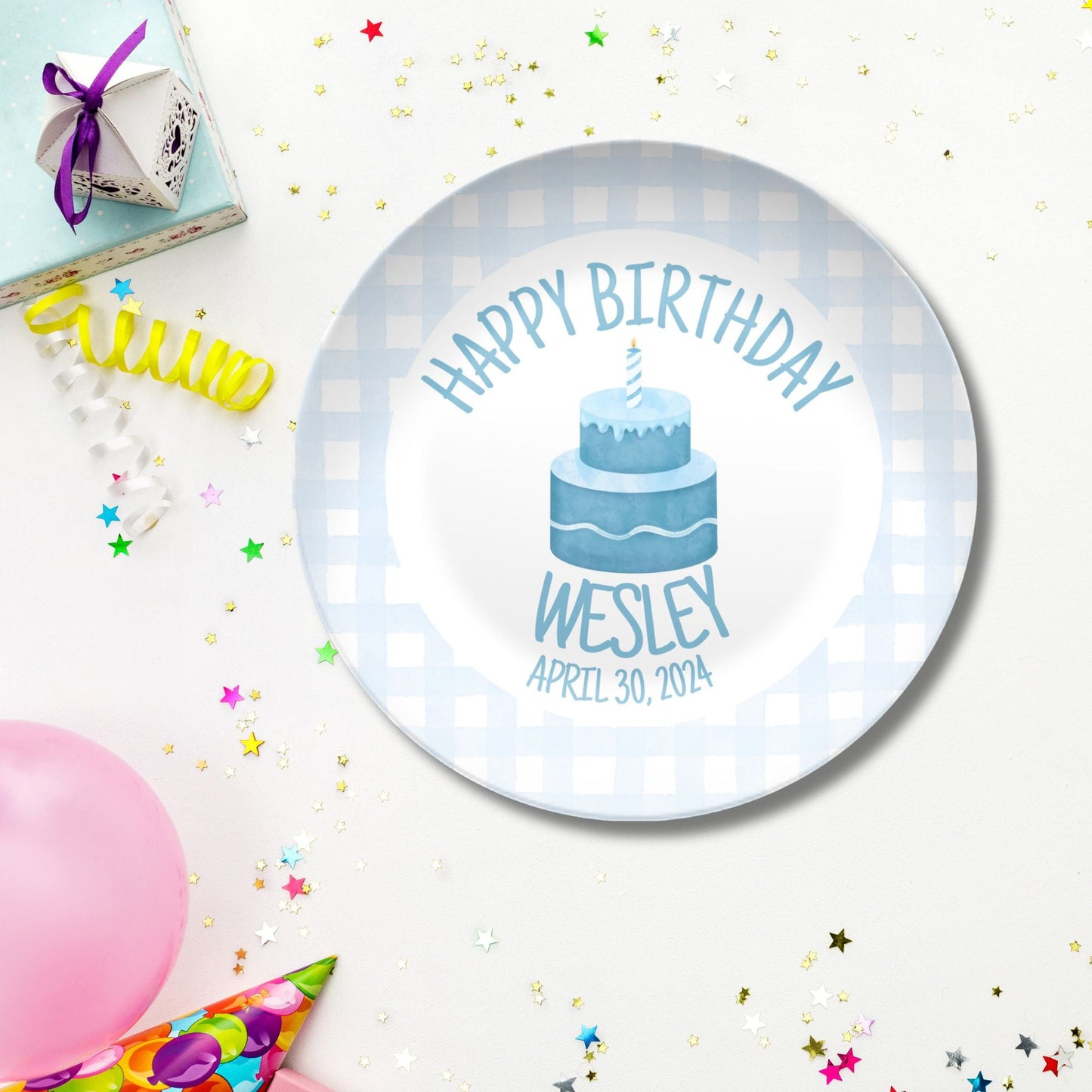 Boys  Birthday Plate - Blue Gingham First Birthday - Blue & White Smash Cake 1st Birthday -  Coquette Style