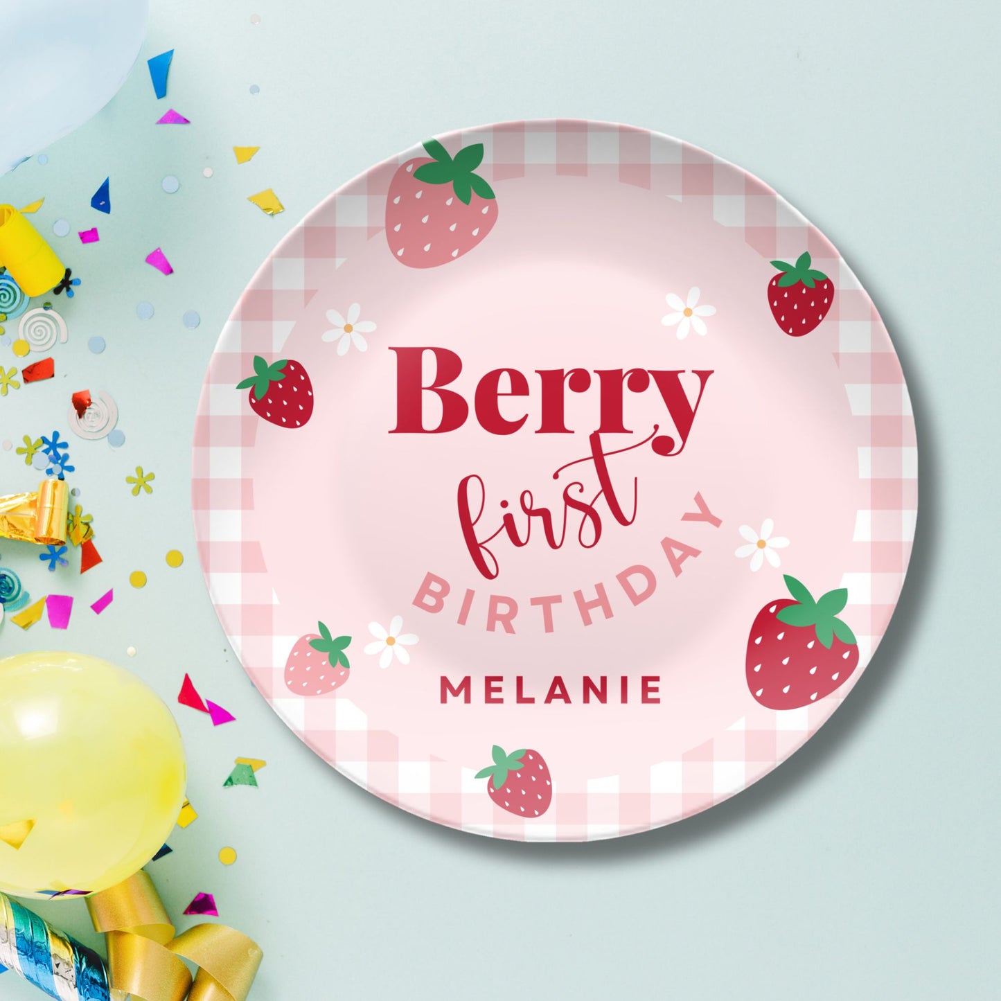 Berry First Birthday Smash Cake Plate - Personalized Plate - Coquette Gingham Party Decor