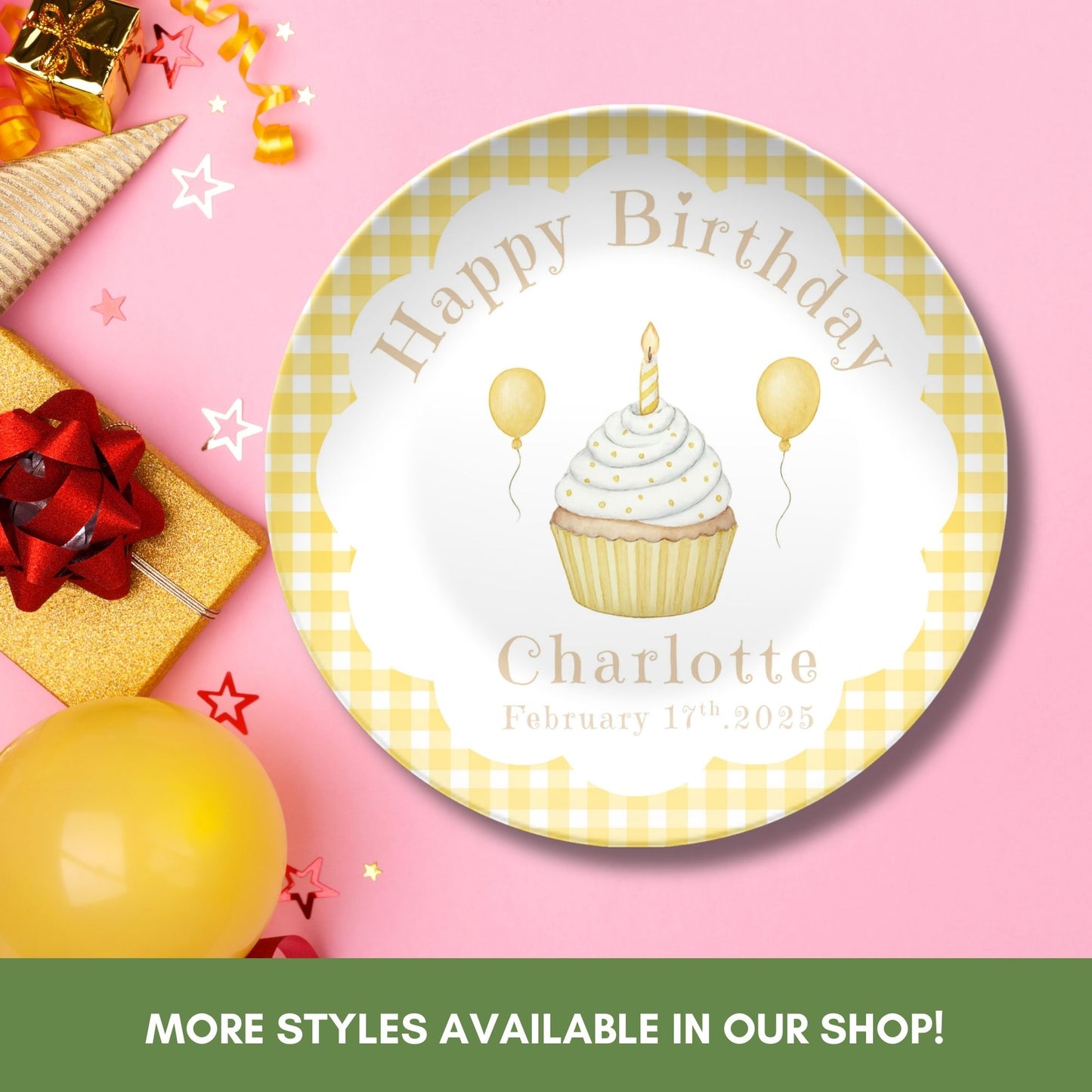 Personalized Baby First Birthday Plate - Yellow Gingham Birthday Party Decoration