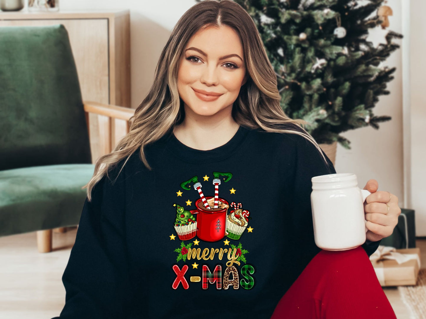 Merry Christmas Elf in Cup Sweatshirt, Funny Christmas Shirt for Women, Christmas Crewneck, funny Holiday Sweater, Plus Size Options - Mardonyx Sweatshirt