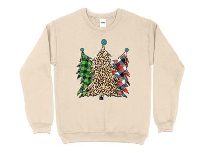 Christmas Tree Leopard Plaid Sweatshirt, Womens Cute Christmas Sweater, Christmas Holiday Party Pullover, Leopard Print Crewneck Knit - Mardonyx Sweatshirt S / Sand
