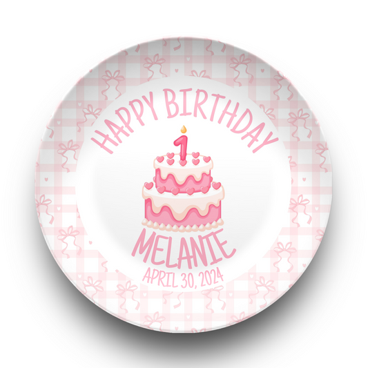 Preppy Girls Birthday Plate - Pink Coquette Bow Ribbon First Birthday - Pink & White Smash Cake 1st Birthday -  Coquette Style