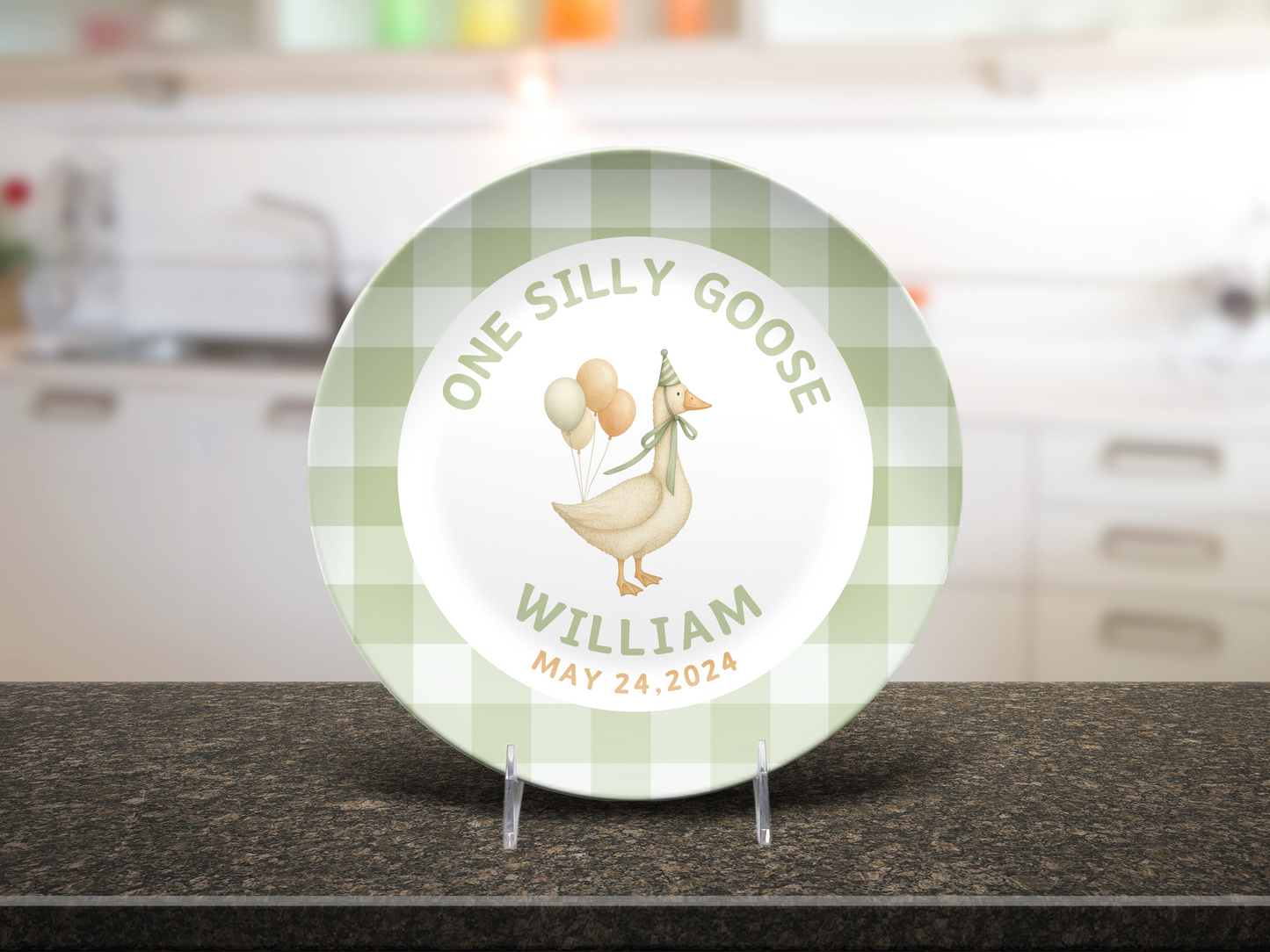 Personalized One Silly Goose Smash Cake Plate - Coquette Gingham Birthday Custom Party Plate
