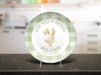 Personalized One Silly Goose Smash Cake Plate - Coquette Gingham Birthday Custom Party Plate