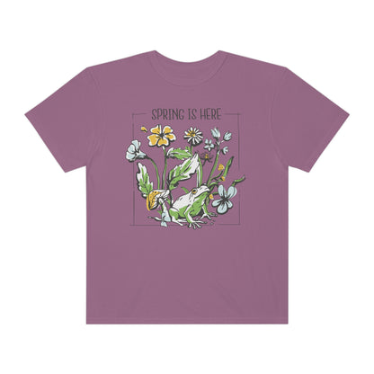 Spring Awakening: Frog Under Flowers Comfort Colors 1717 T-Shirt, Plant Lover Gift, Nature Lover Shirt, Flower Shirt