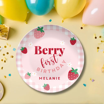 Berry First Birthday Smash Cake Plate - Personalized Plate - Coquette Gingham Party Decor