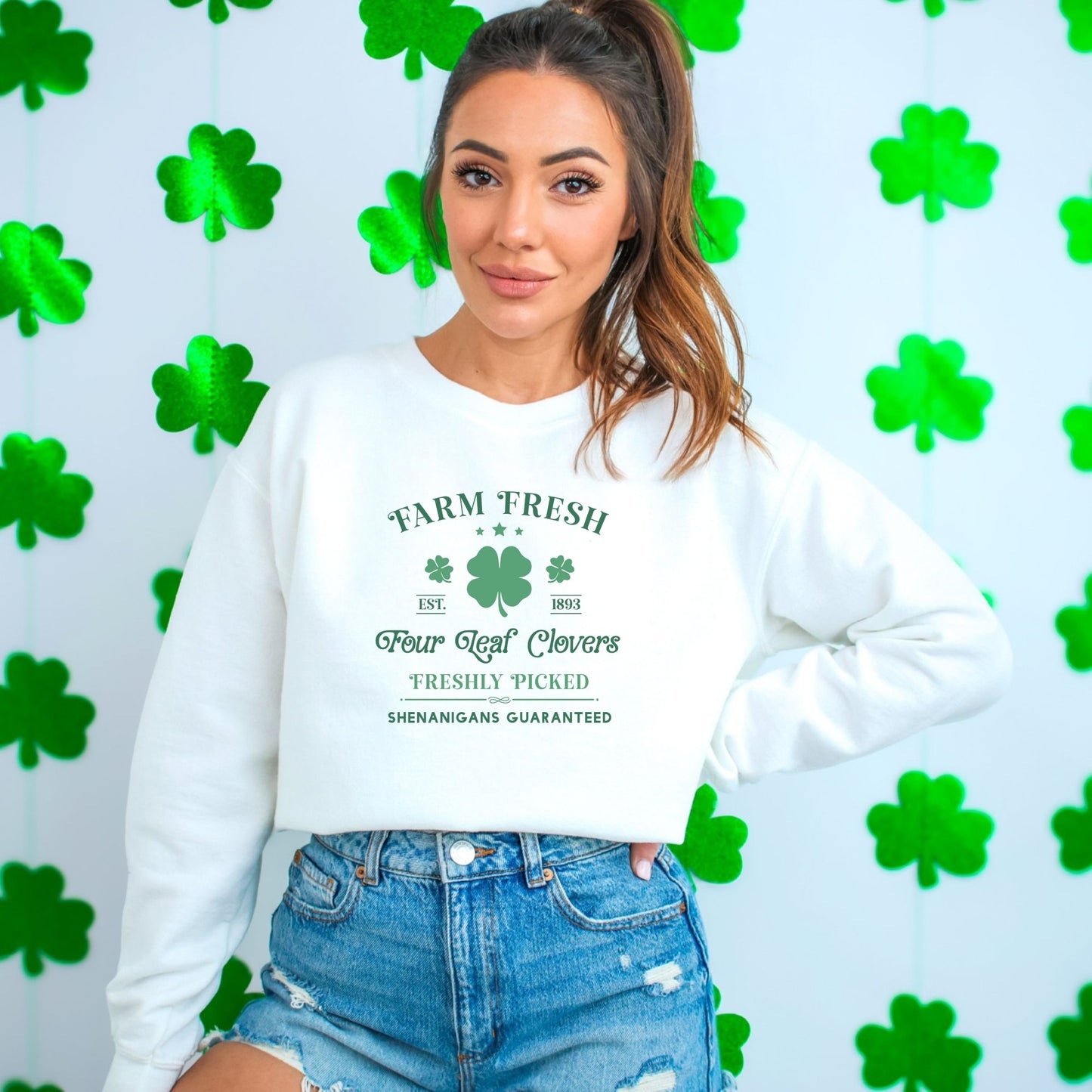 Farm Fresh Four Leaf Clovers Sweatshirt, Vintage Style St. Patrick's Day Apparel, Unisex Green Pullover, Irish Heritage Clothing - Mardonyx Sweatshirt