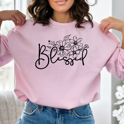 Floral Blessed Graphic Sweatshirt, Inspirational Women's Clothing, Casual Pullover, Comfy Top with Positive Message - Mardonyx Sweatshirt