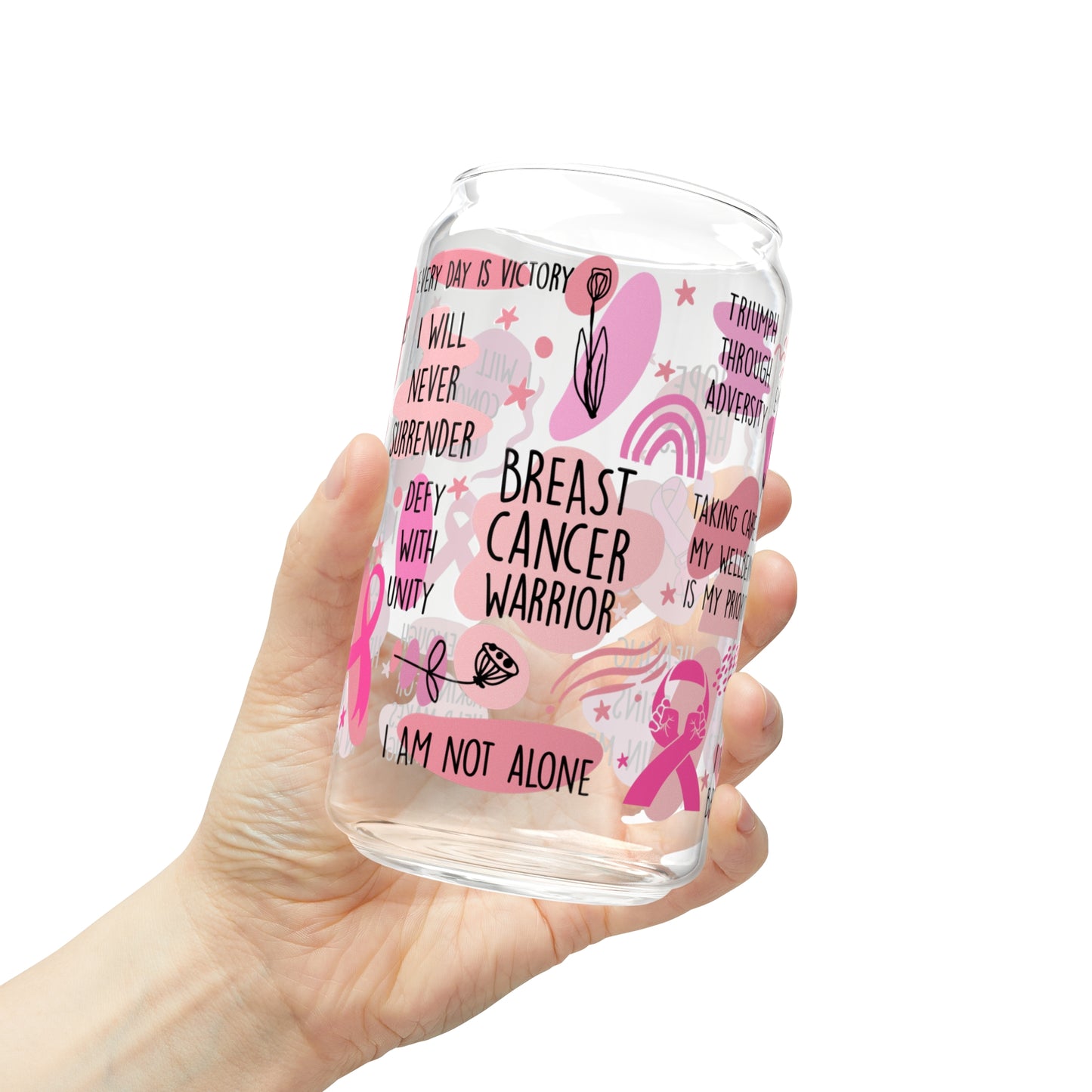 Breast Cancer Survivor Sipper Glass with Lid, 16 oz - Mardonyx Mug